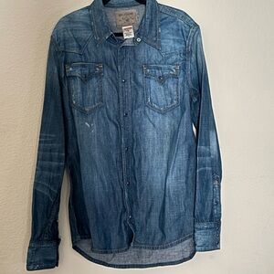 Distressed True Religion Denim Pearl Snap Button Up Long Sleeve Shirt XXL
